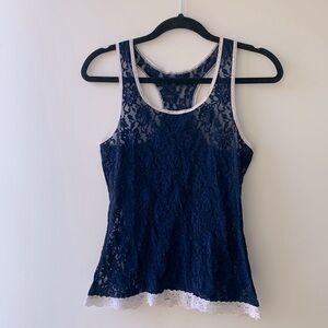Hanky Panky M Camisole - Lace Navy Blue and White Trim Racerback - Medium